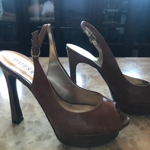 GUESS slingback heels, brown leather sz 10 - Picture 2 of 4